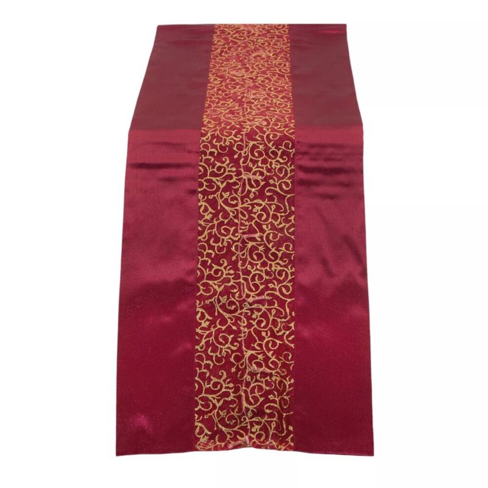 Gold Coast Illuminated Glitter Scroll Holiday Table Runner 70" x 14" in Burgundy